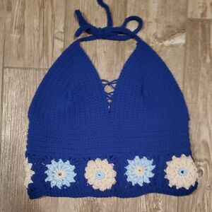 Homemade Blue Crochet Halter Top with Floral Accents